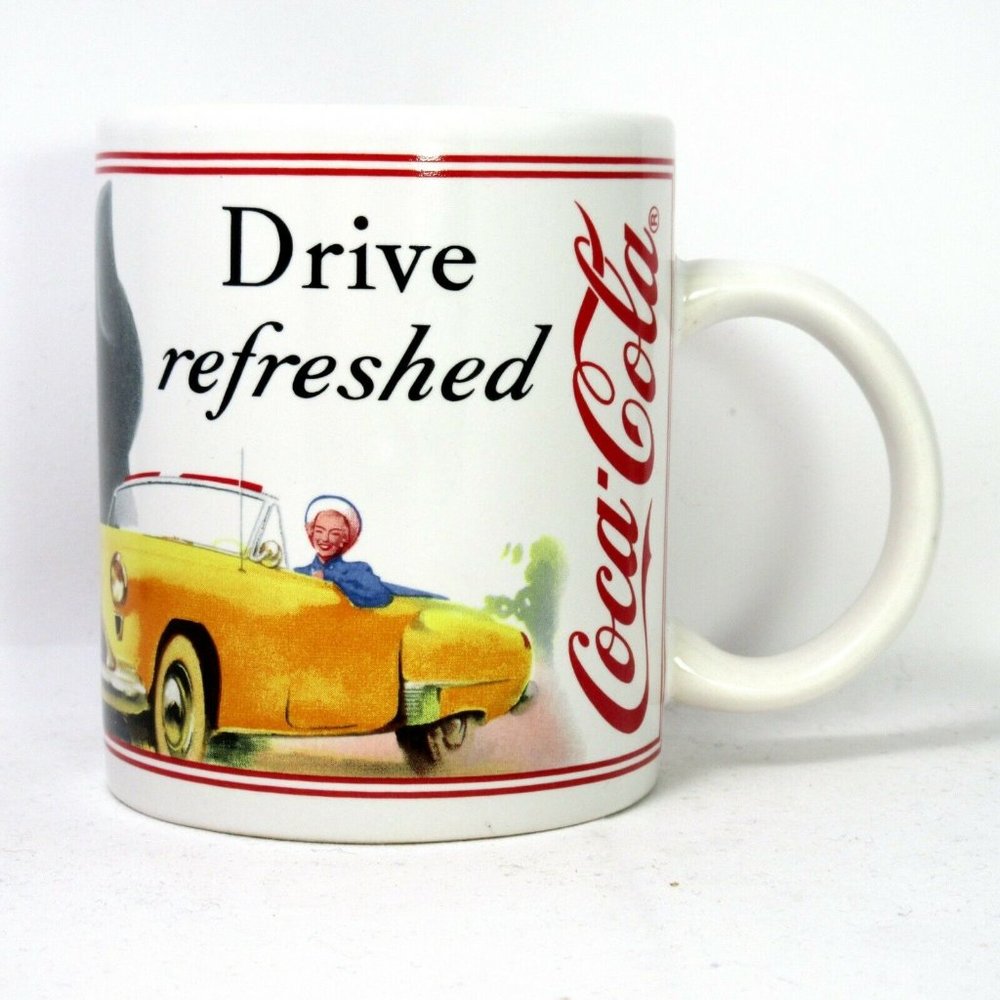 1997 Drive Refreshed Coca-Cola 10oz Ceramic Mug Yellow Classic Car Girl Driving